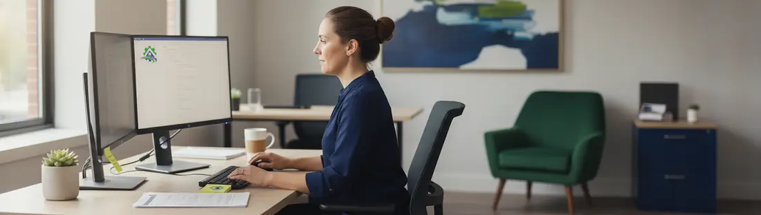 A loan processing specialist at a dual-monitor workstation