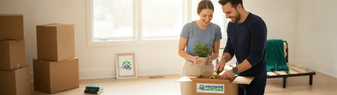 A young first-time-homebuyer couple unpacking in their new home