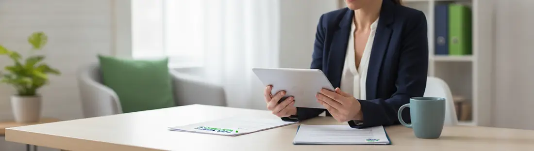 A self-employed professional reviewing loan options on a tablet