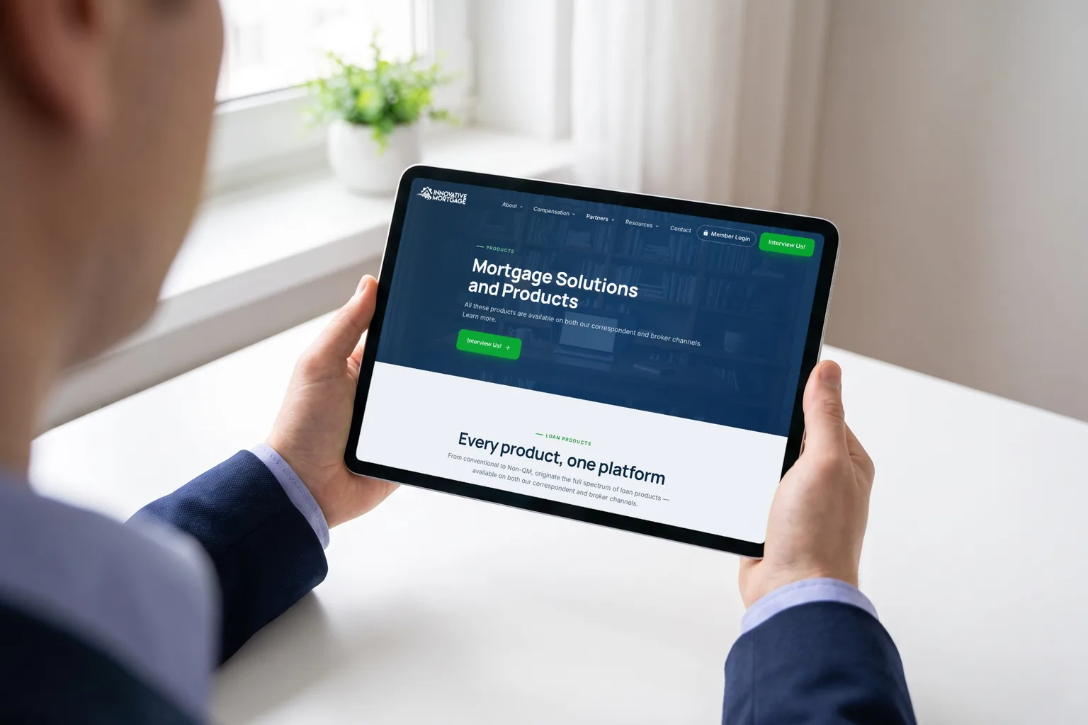 Tablet showing the Innovative Mortgage products page: every product, one platform