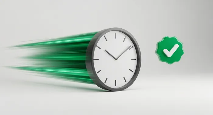 A clock streaking forward in motion beside a green checkmark, illustrating fast commission payouts