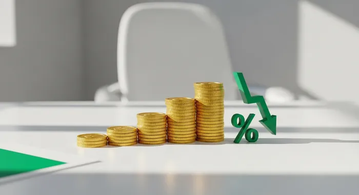 Stacked coins rising in tiers beside a downward arrow, illustrating how tiered commission brackets reduce MLO pay